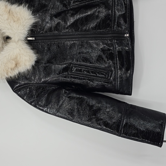 Unreal Fur Wet Look Aviator Black Vegan Leather Women's Jacket - Picture 2 of 9